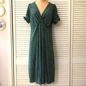 Luna Womens Dress Large Green Black Short Sleeve V-neck Waterfall Midi Party